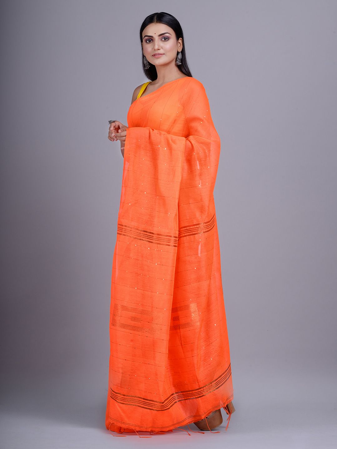 Orange Blended Cotton handwoevn saree with sequin work