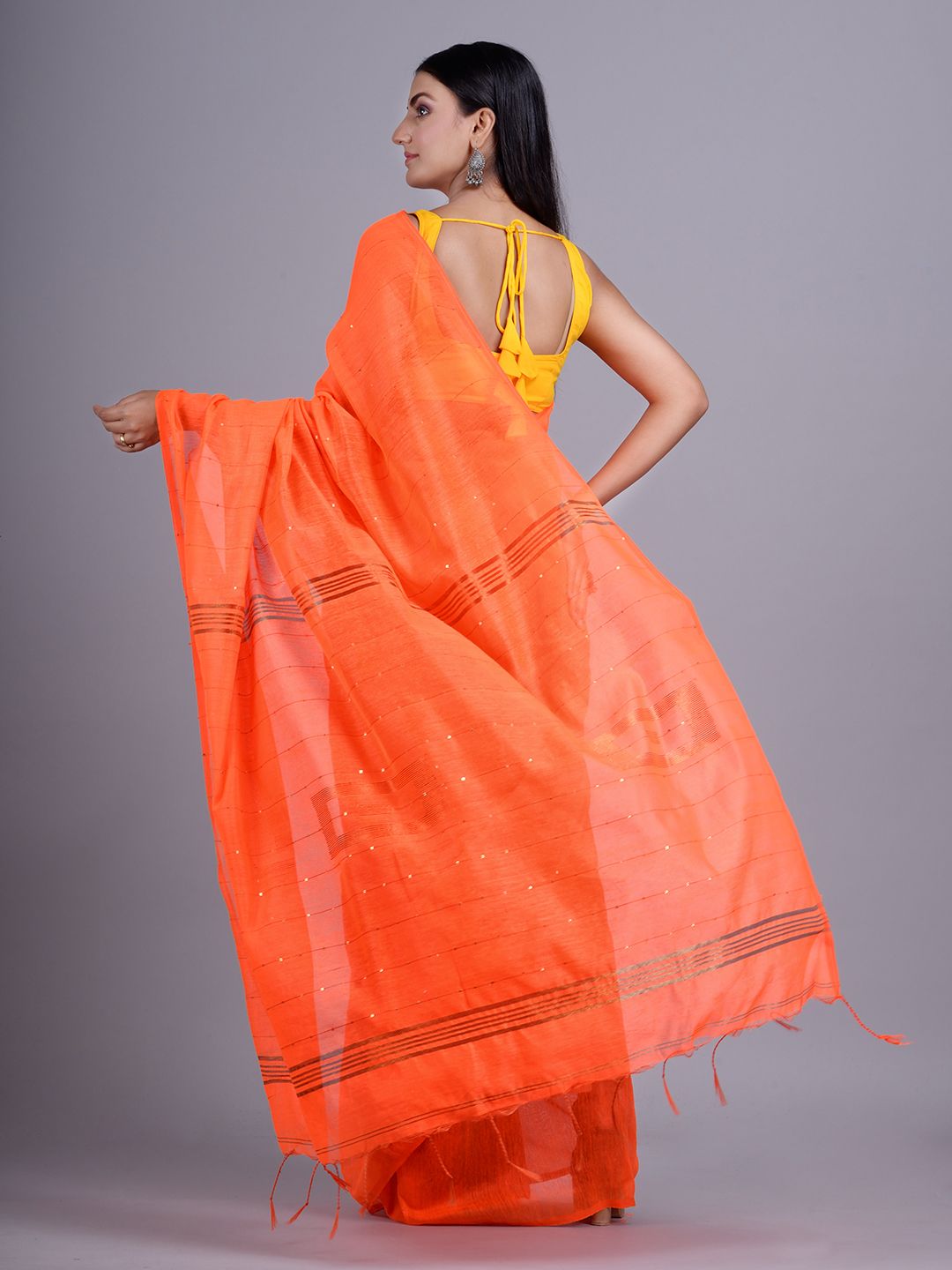 Orange Blended Cotton handwoevn saree with sequin work