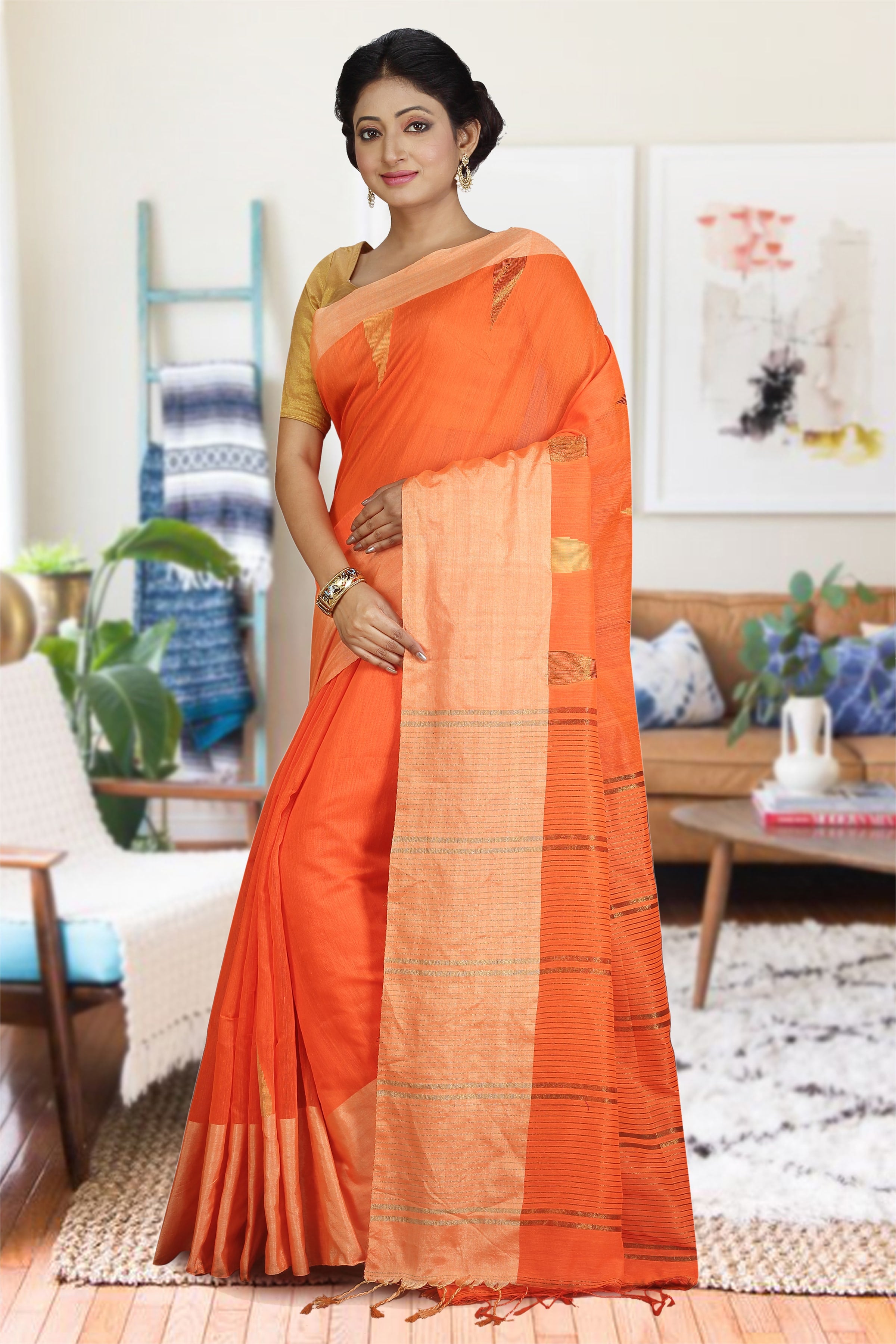 Orange and Beige Hand Woven Blended Cotton Saree