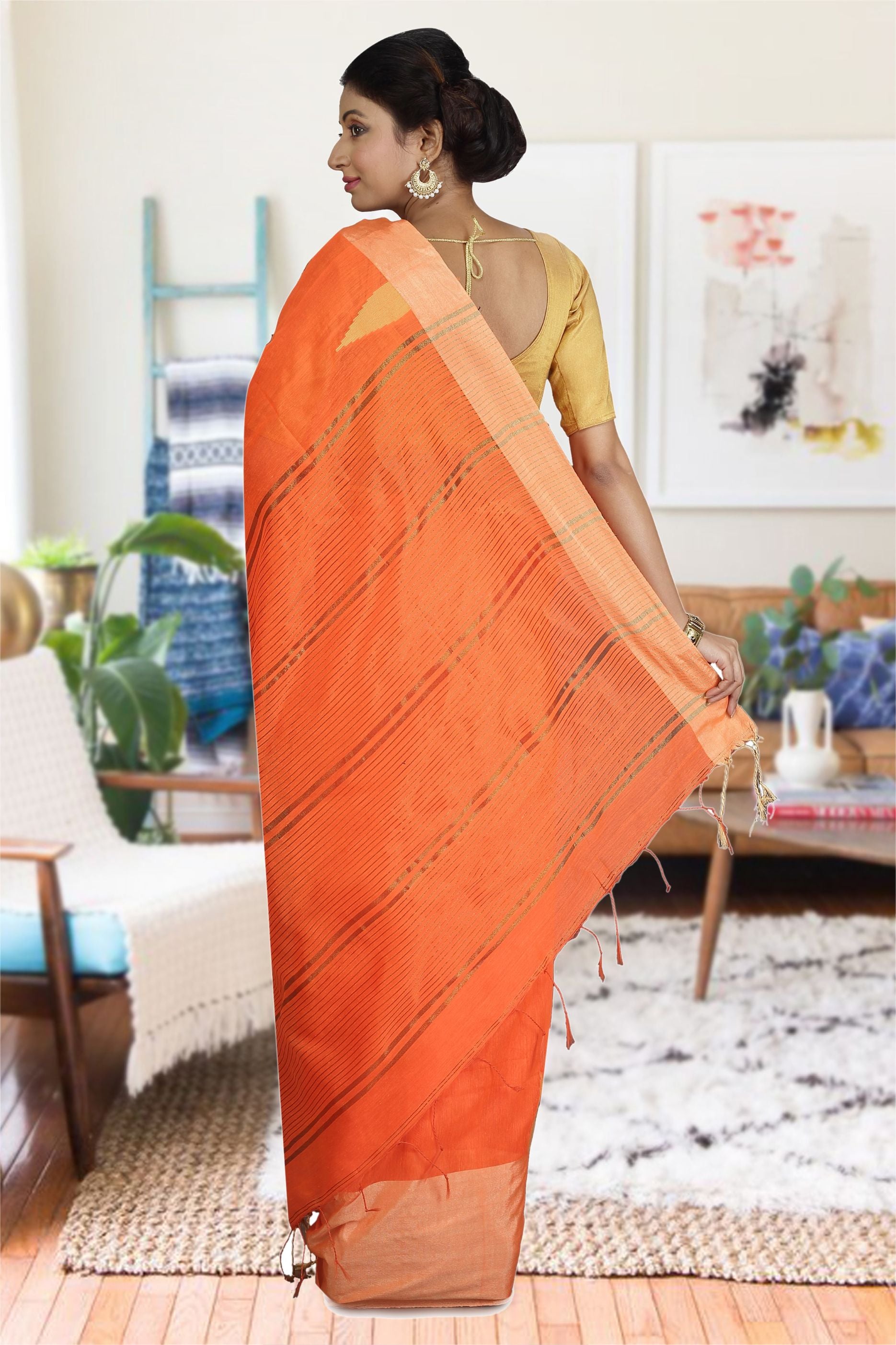 Orange and Beige Hand Woven Blended Cotton Saree