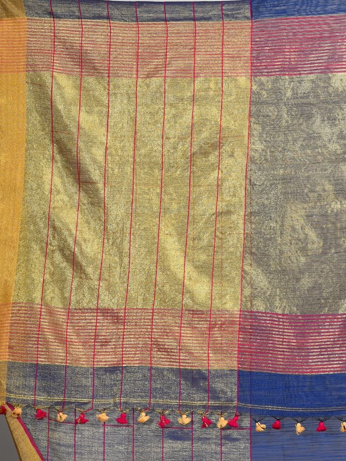 Blue Art Silk and Cotton Blended Hand woven saree with  zari