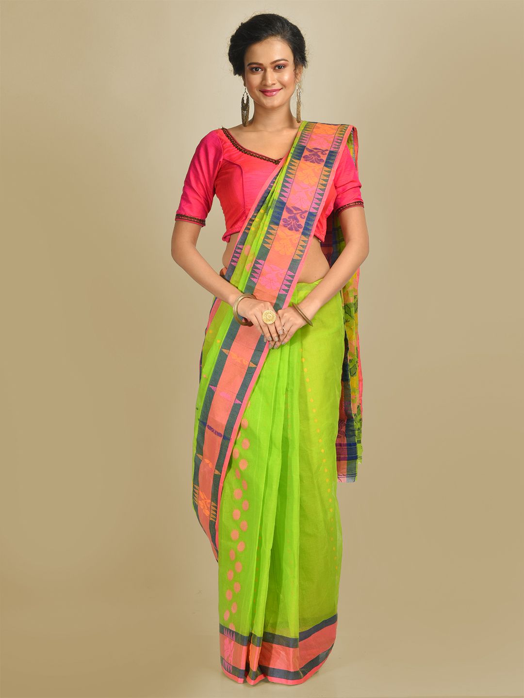 Parrot Green Pure Cotton hand woven jamdani buti tant saree