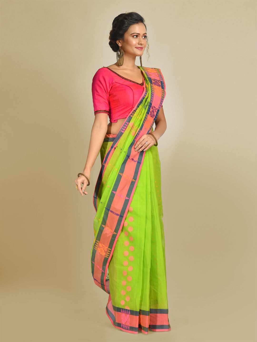Parrot Green Pure Cotton hand woven jamdani buti tant saree