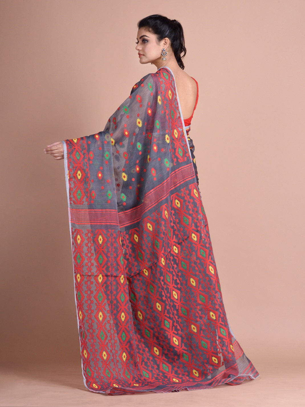 Grey and Multicoloue Cotton Blended Hand woven soft Jamdani saree