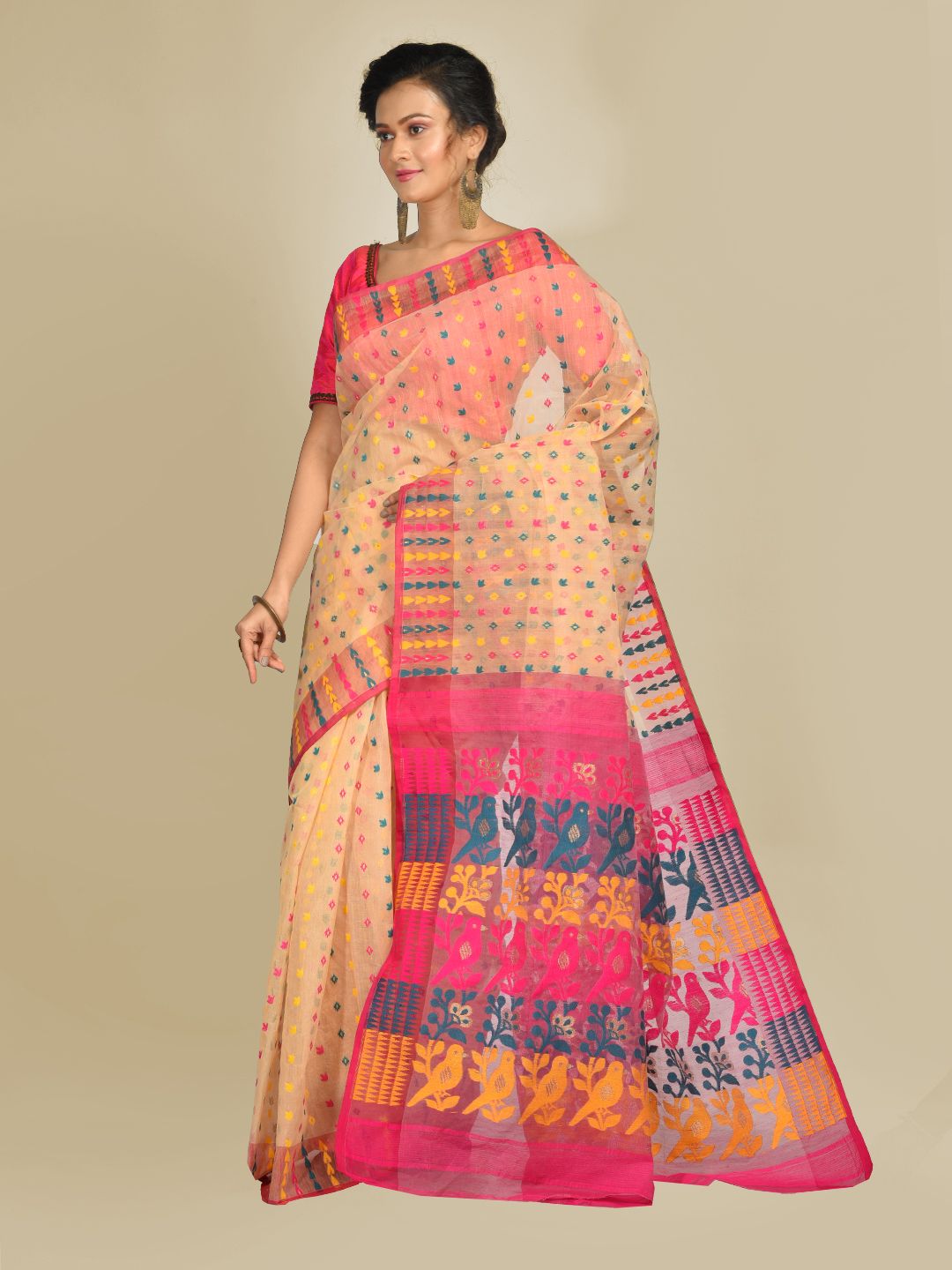 Beige and Multicolor Art Silk Cotton Blended Jamdani saree with starch