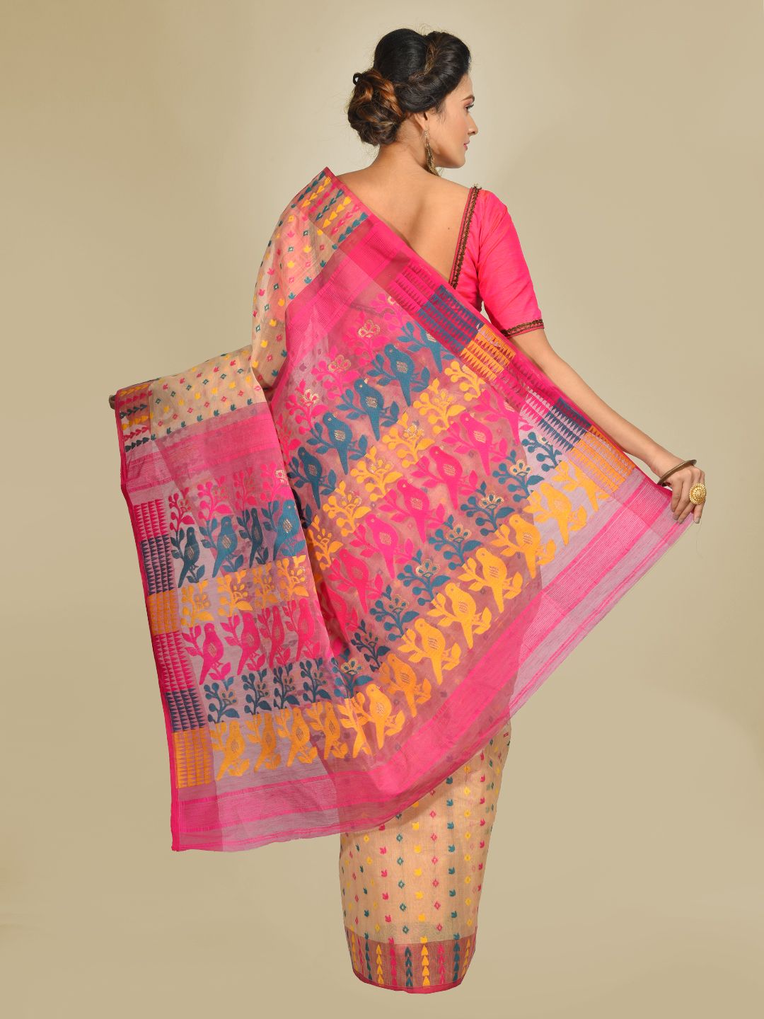 Beige and Multicolor Art Silk Cotton Blended Jamdani saree with starch