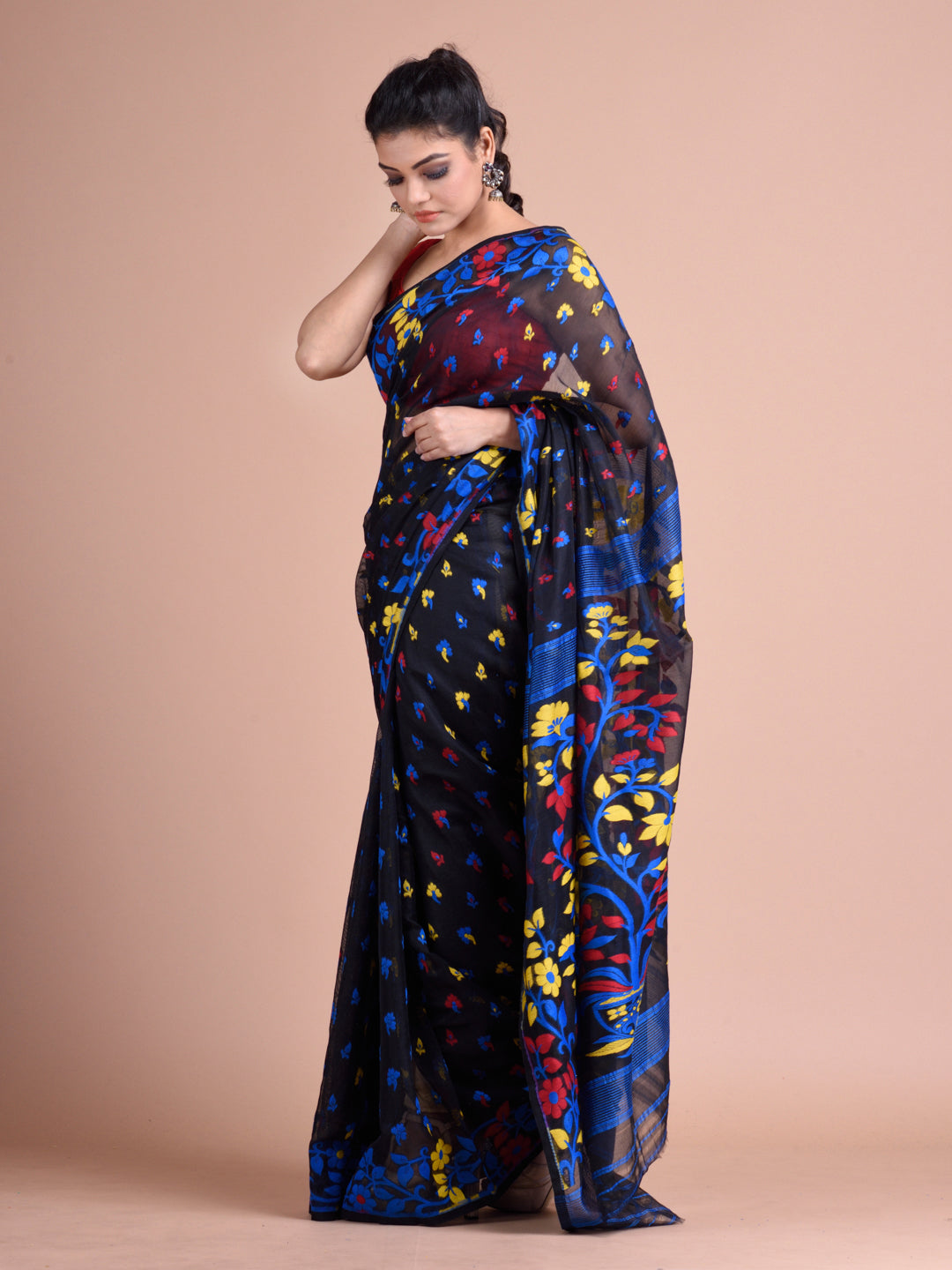 Black and Multicolor Cotton Blended Hand woven soft Jamdani saree
