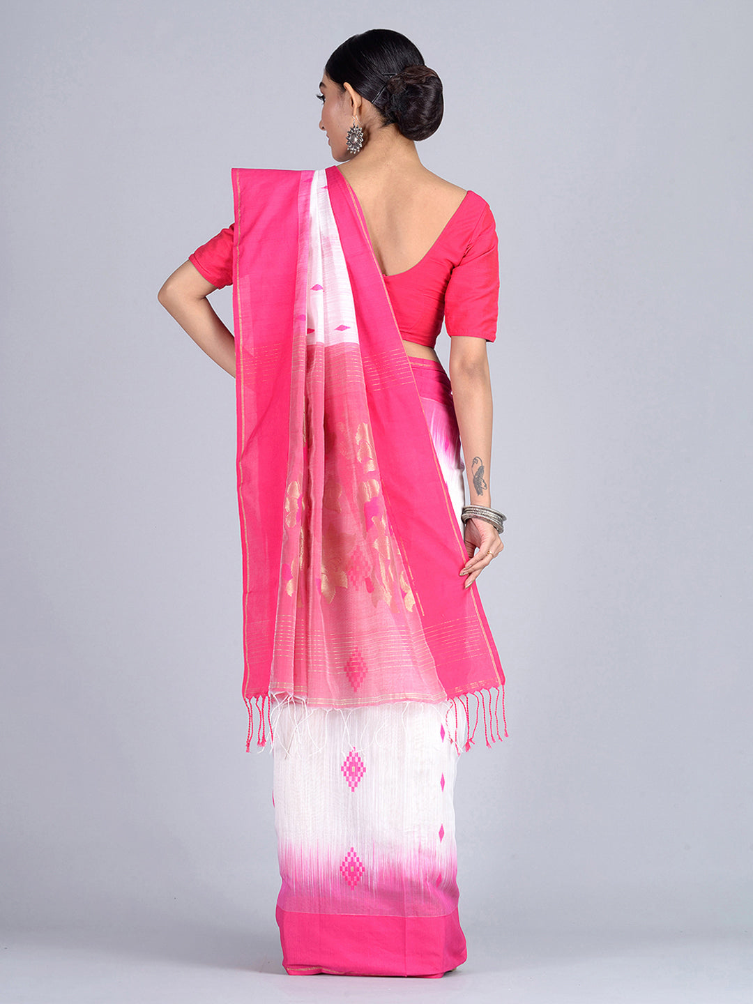 White & Pink Bengal Handloom  Saree with buti work
