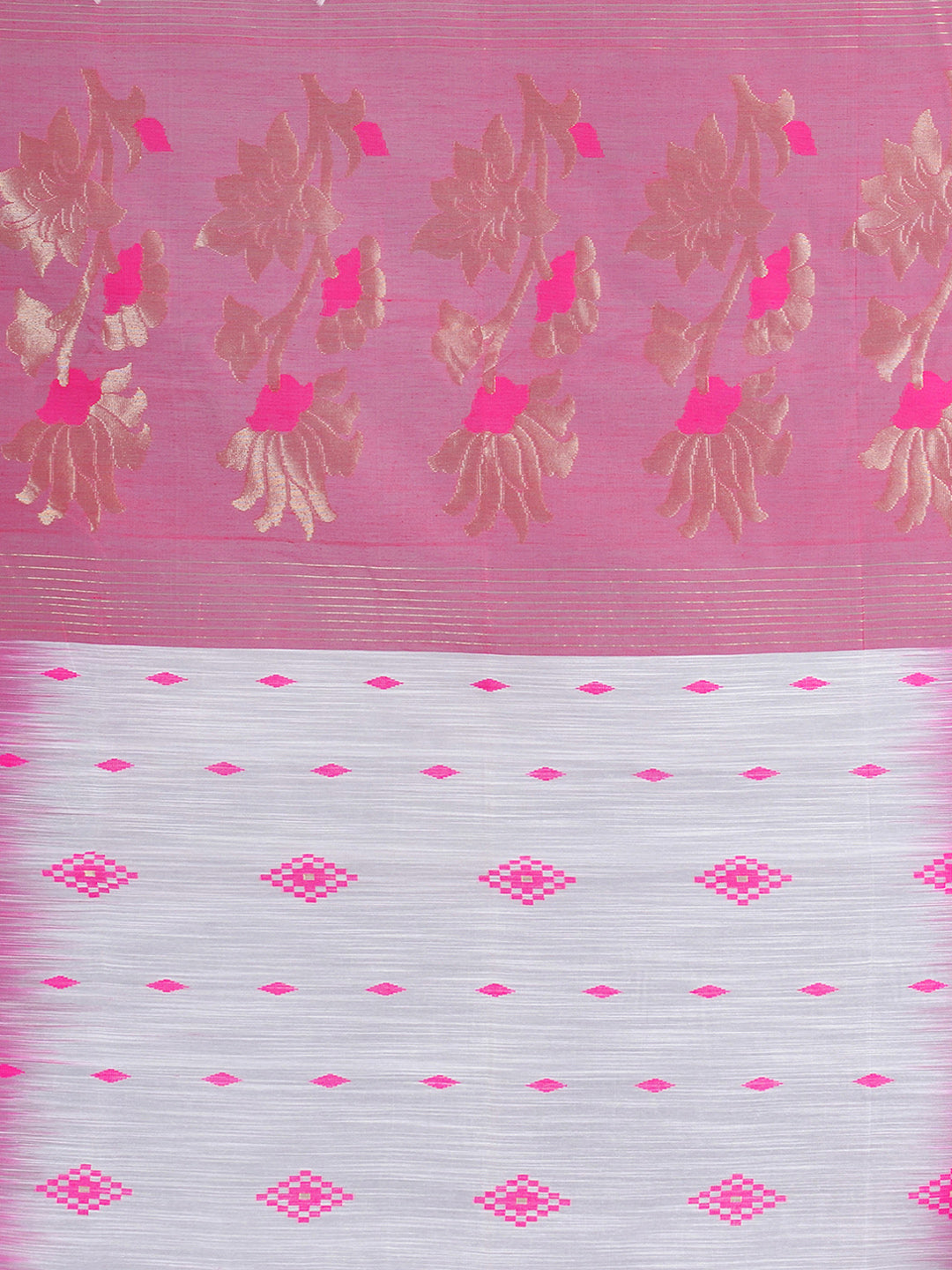 White & Pink Bengal Handloom  Saree with buti work