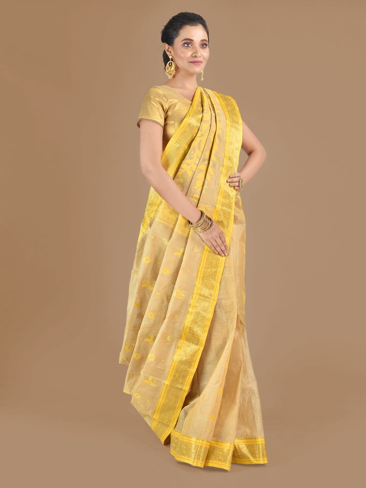 Beige with Yellow Tusser Cotton fine quality Hand woven saree