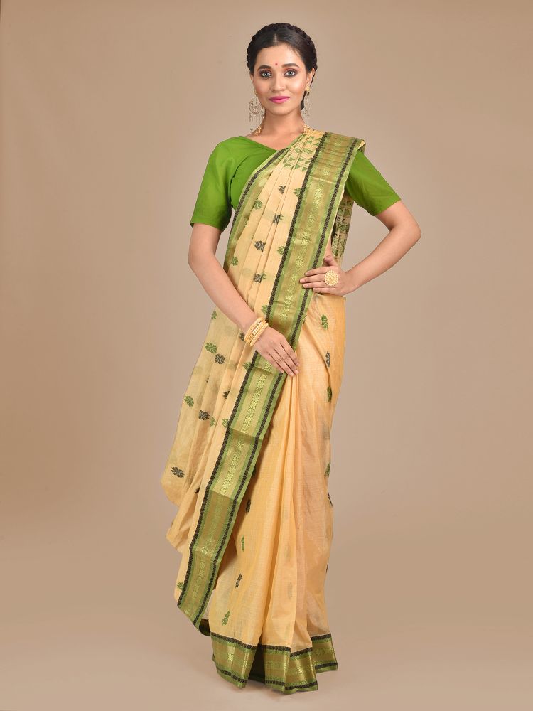 Beige with Green Tusser Cotton fine quality Hand woven saree