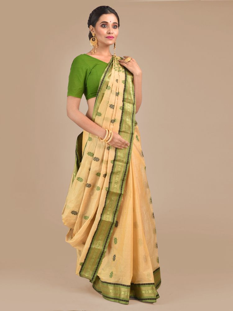 Beige with Green Tusser Cotton fine quality Hand woven saree