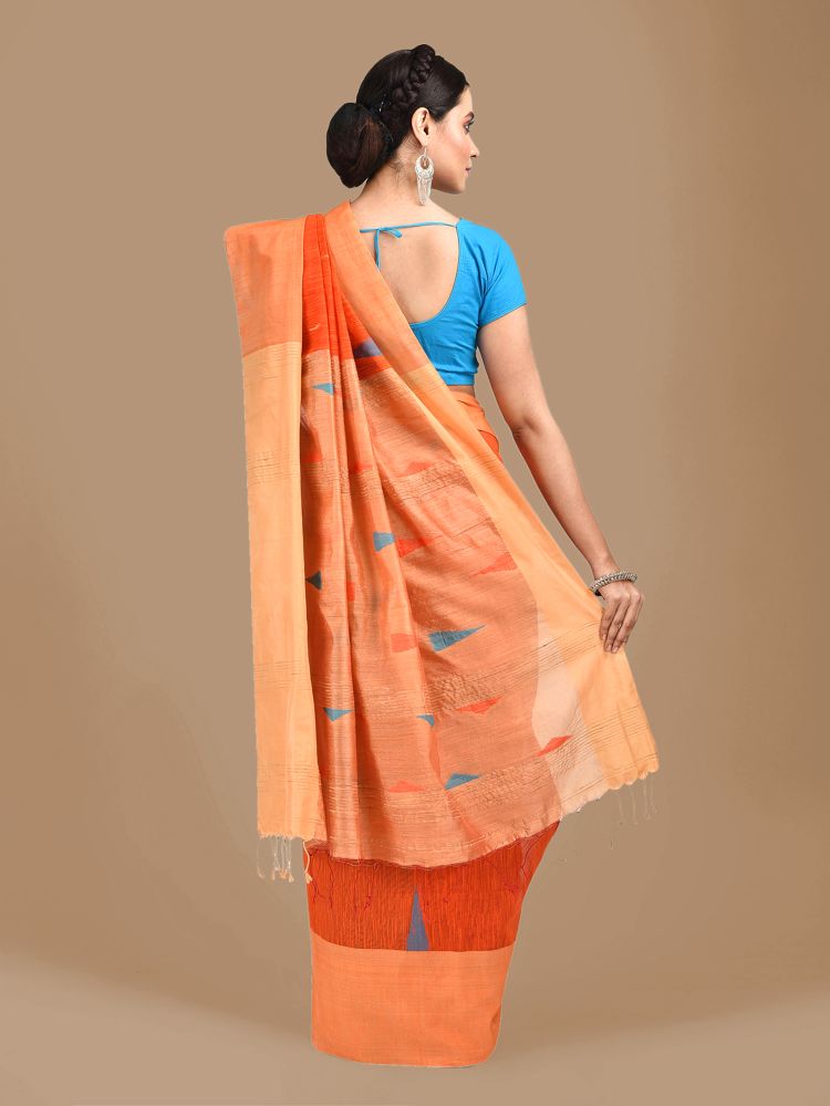 Orange Blended Cotton Hand woven Saree