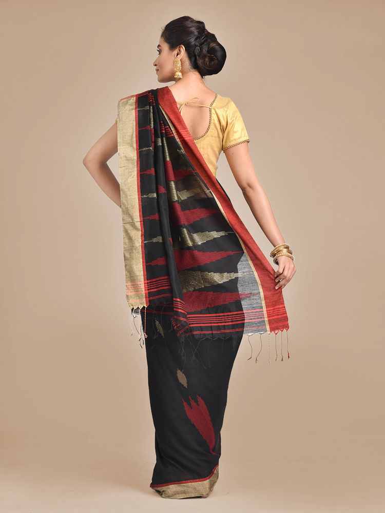 Black Blended Cotton Hand woven Saree