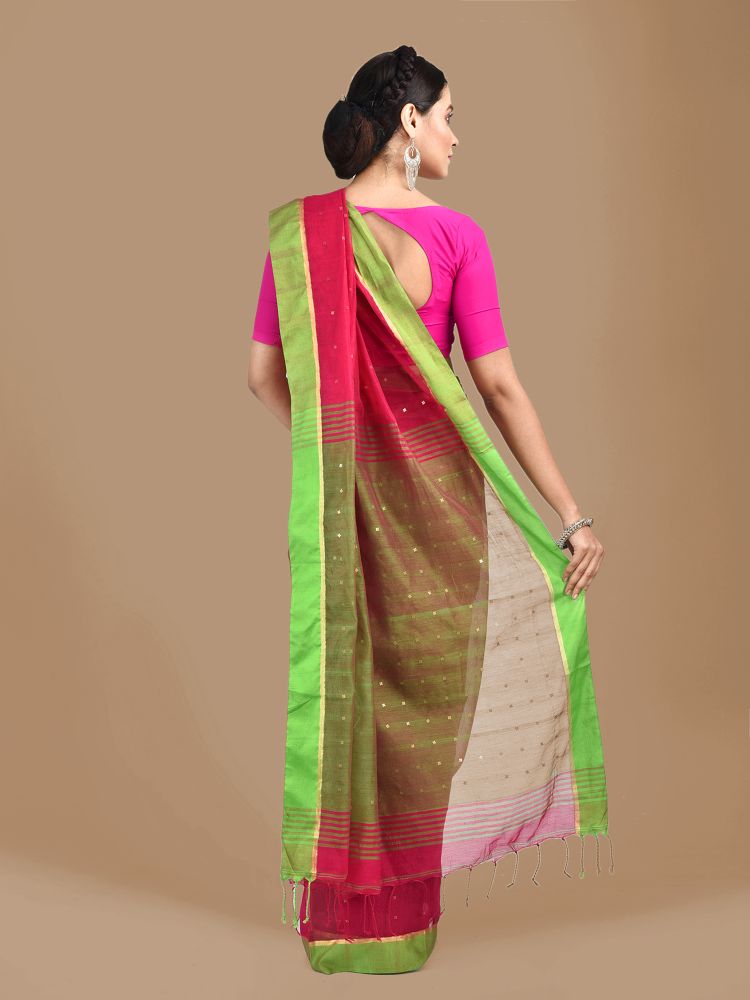 Pink and Green border Blended Cotton Hand woven saree with sequin work