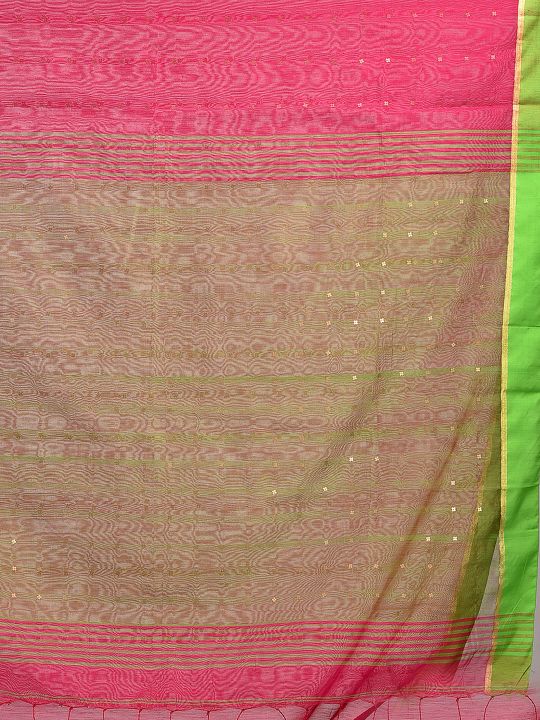 Pink and Green border Blended Cotton Hand woven saree with sequin work