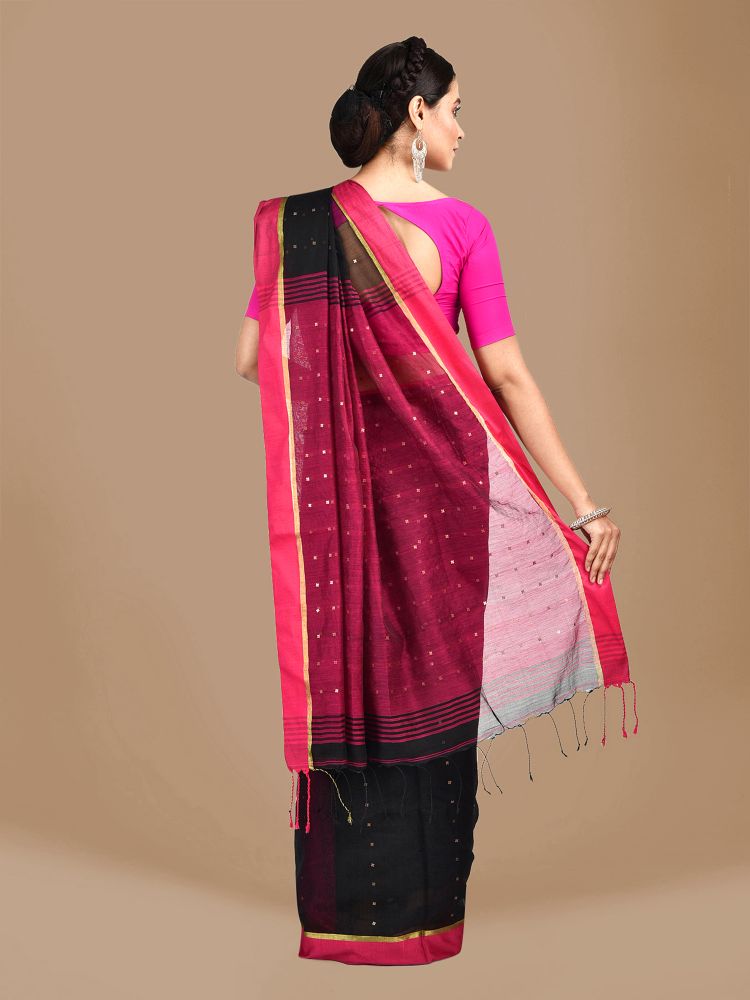 Black and Pink border Blended Cotton Hand woven saree with sequin work