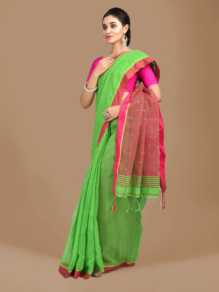 Green and Pink border Blended Cotton Hand woven saree with sequin work