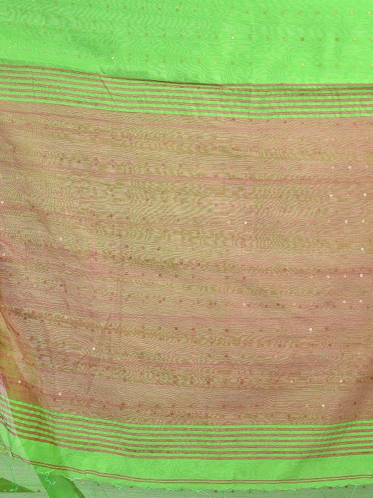 Green and Pink border Blended Cotton Hand woven saree with sequin work