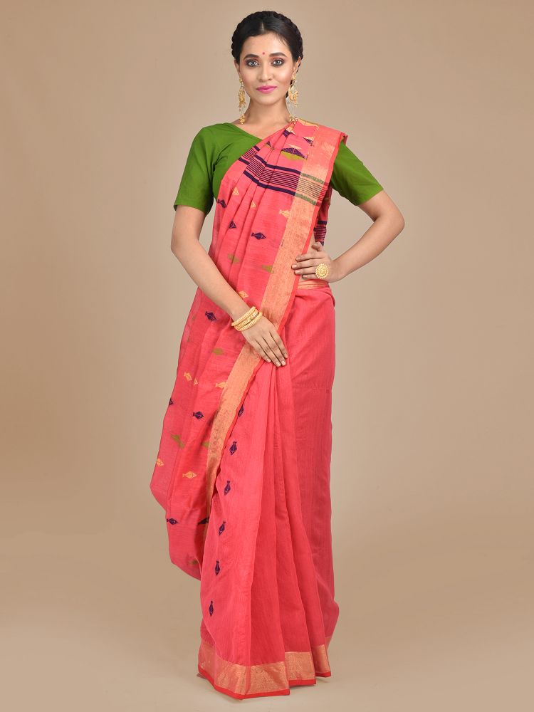 Peach Blended Cotton Hand Woven Saree