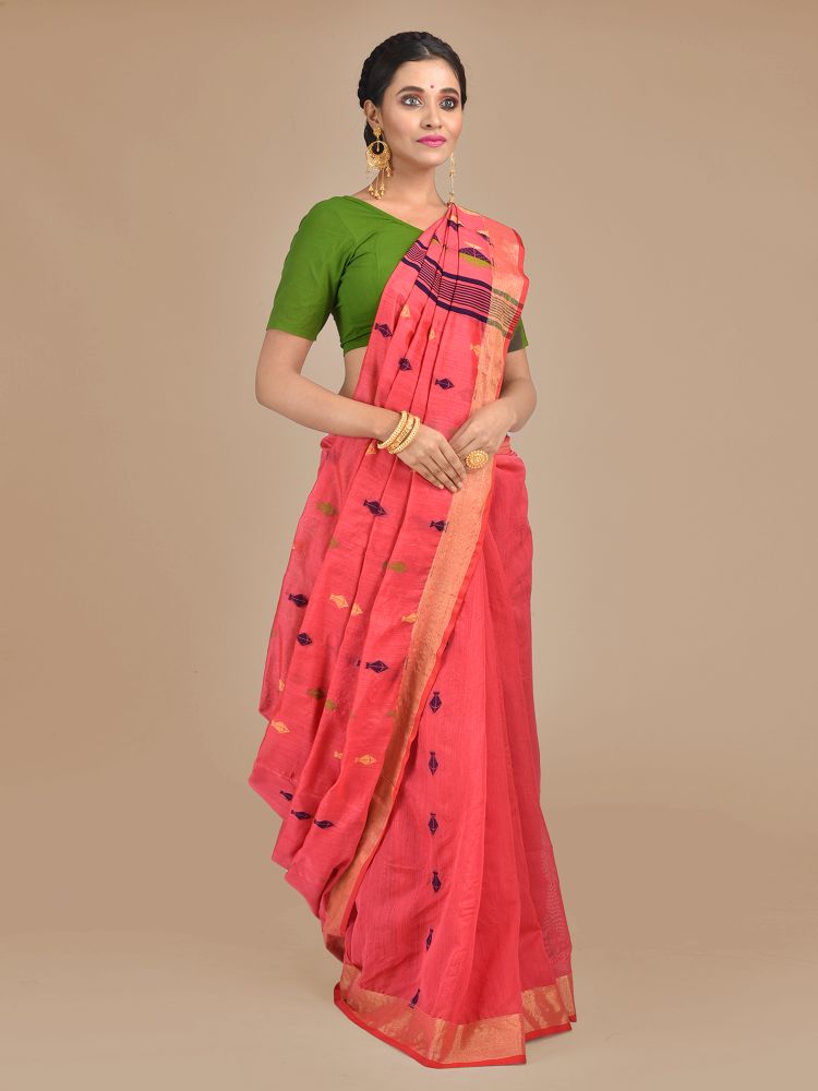 Peach Blended Cotton Hand Woven Saree