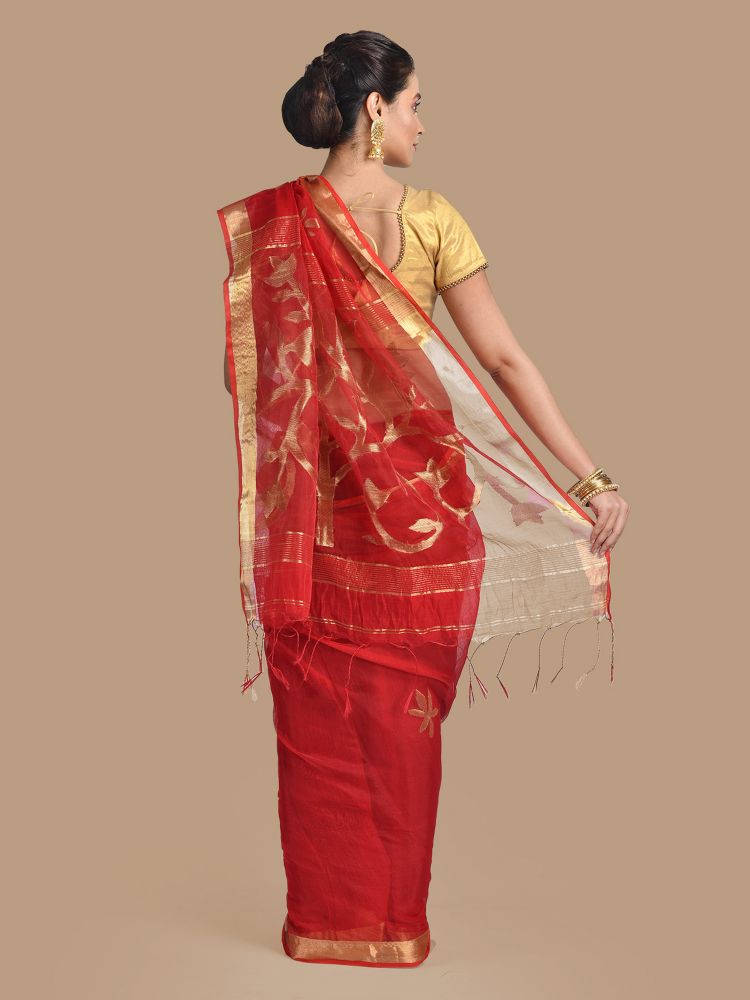 Red Blended Cotton Hand woven Saree with zari work
