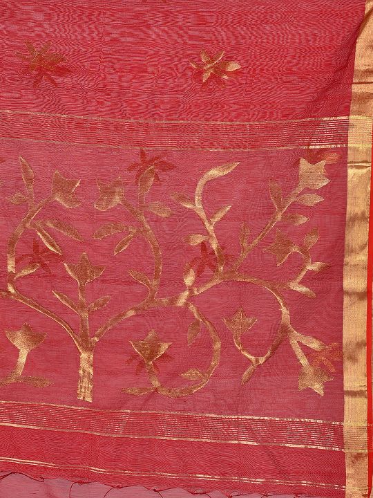 Red Blended Cotton Hand woven Saree with zari work
