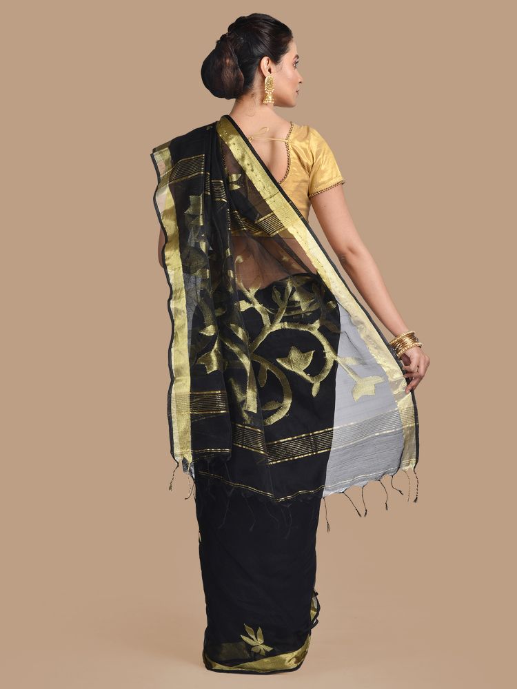 Black Blended Cotton Hand woven Saree with zari work