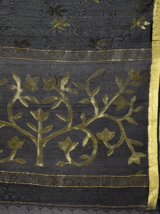 Black Blended Cotton Hand woven Saree with zari work