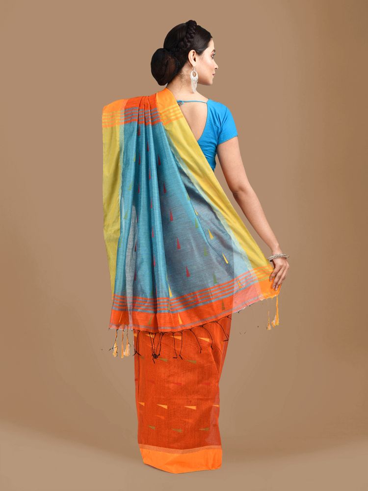 Orange Blended Cotton Hand woven Saree with Blue pallu