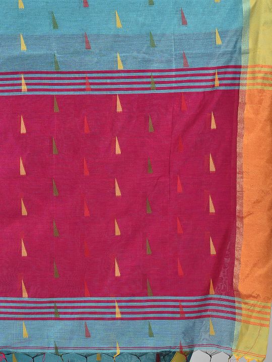 Blue Blended Cotton Hand woven Saree with Magenta pallu
