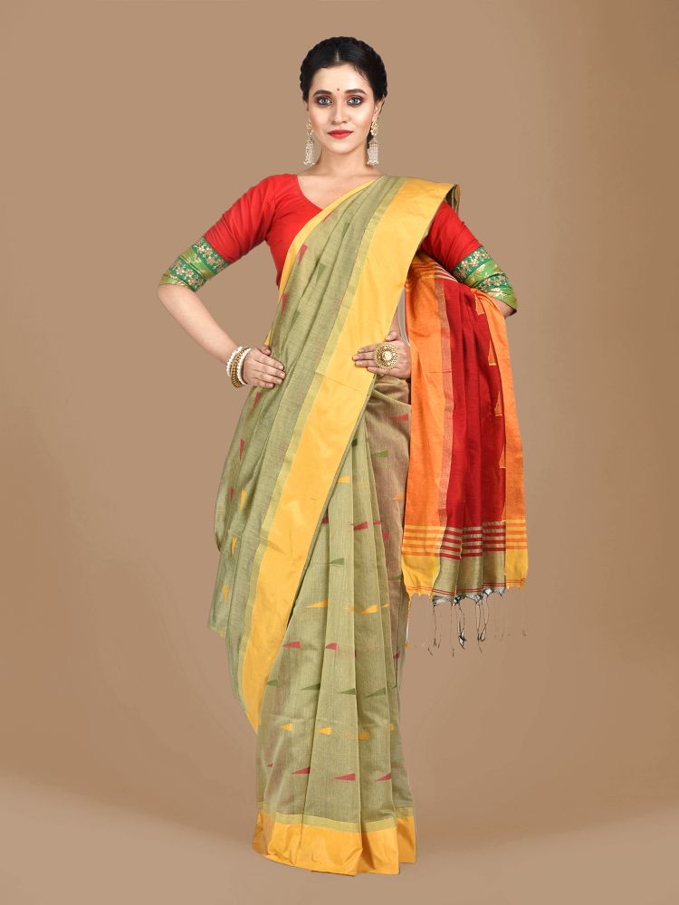 Beige Blended Cotton Hand woven Saree with Red pallu