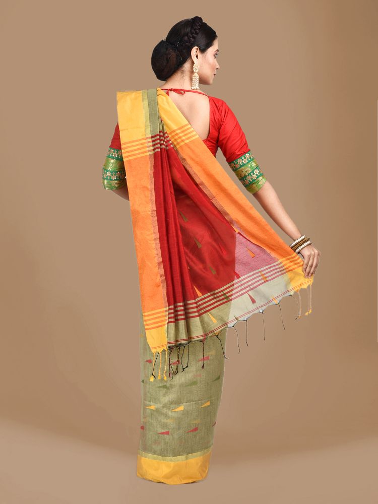 Beige Blended Cotton Hand woven Saree with Red pallu