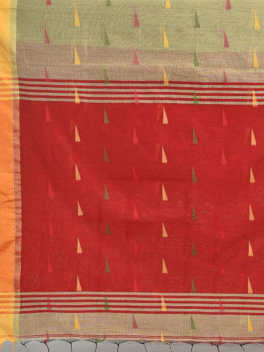 Beige Blended Cotton Hand woven Saree with Red pallu