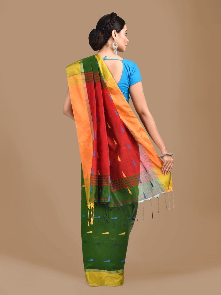 Bottol Green Blended Cotton Hand woven Saree with Red pallu