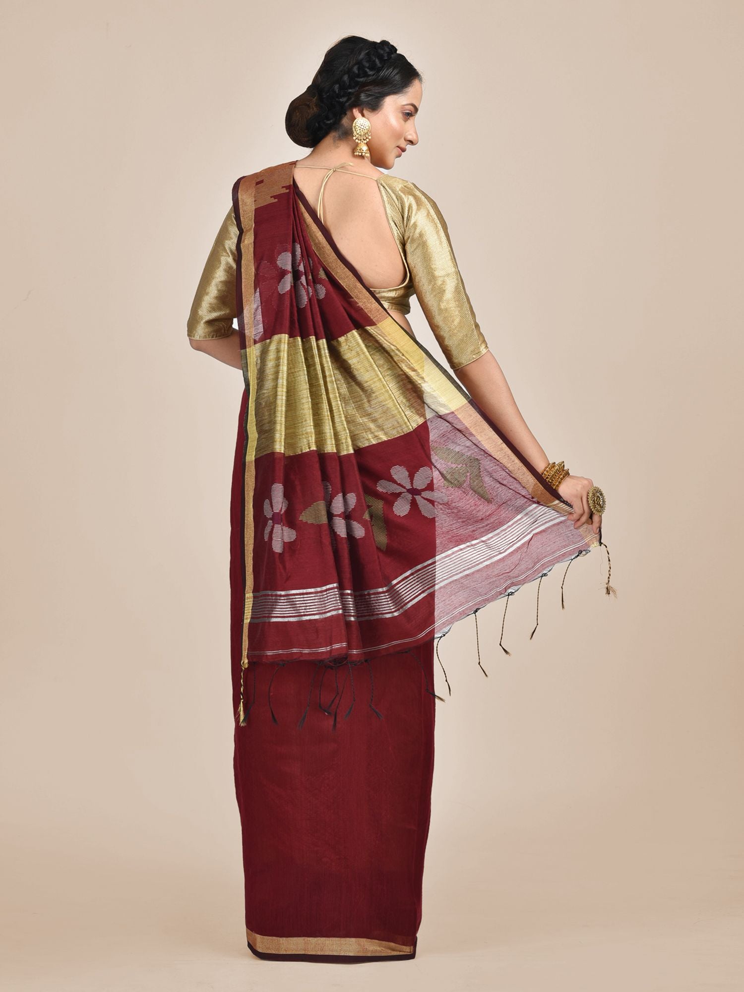 Maroon Hand woven Blended Cotton temple border saree