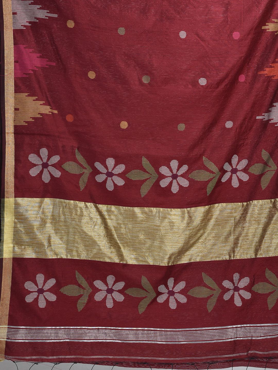 Maroon Hand woven Blended Cotton temple border saree