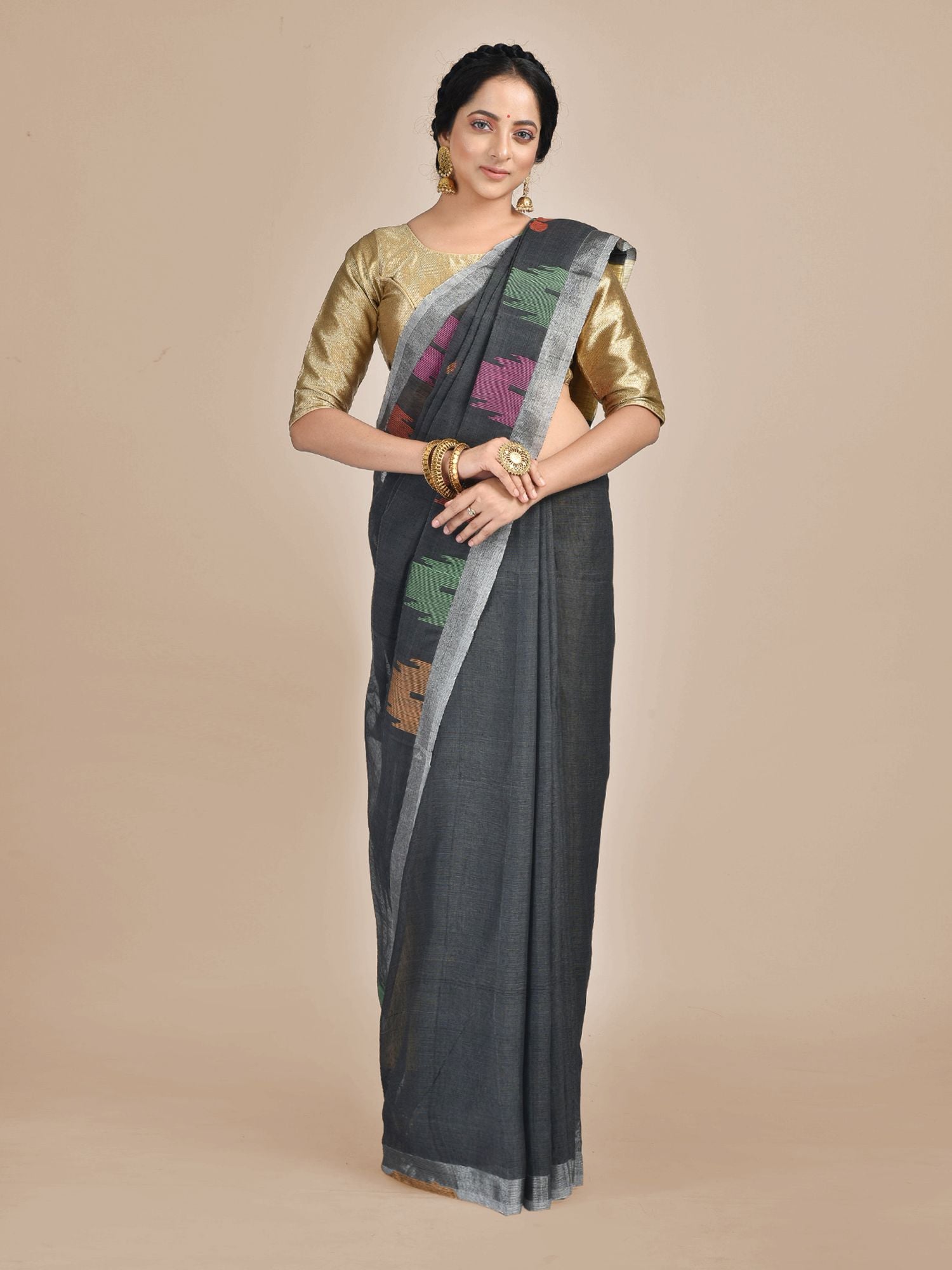 Ash Hand woven Blended Cotton temple border saree