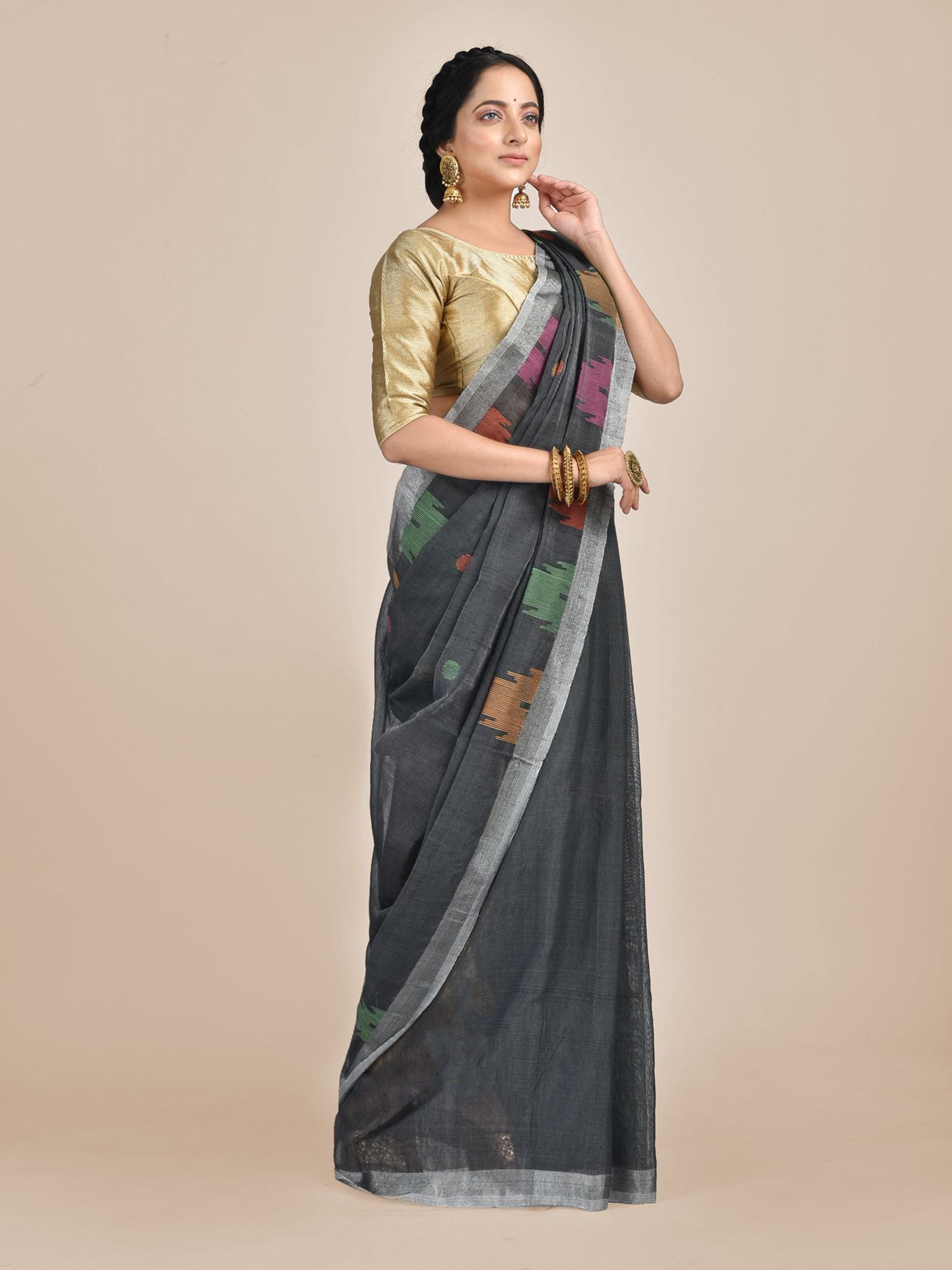 Ash Hand woven Blended Cotton temple border saree
