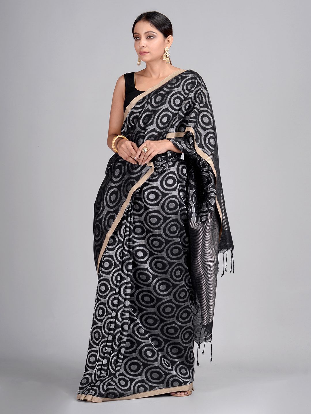 Black Hand Woven Cotton Linen Designer Saree