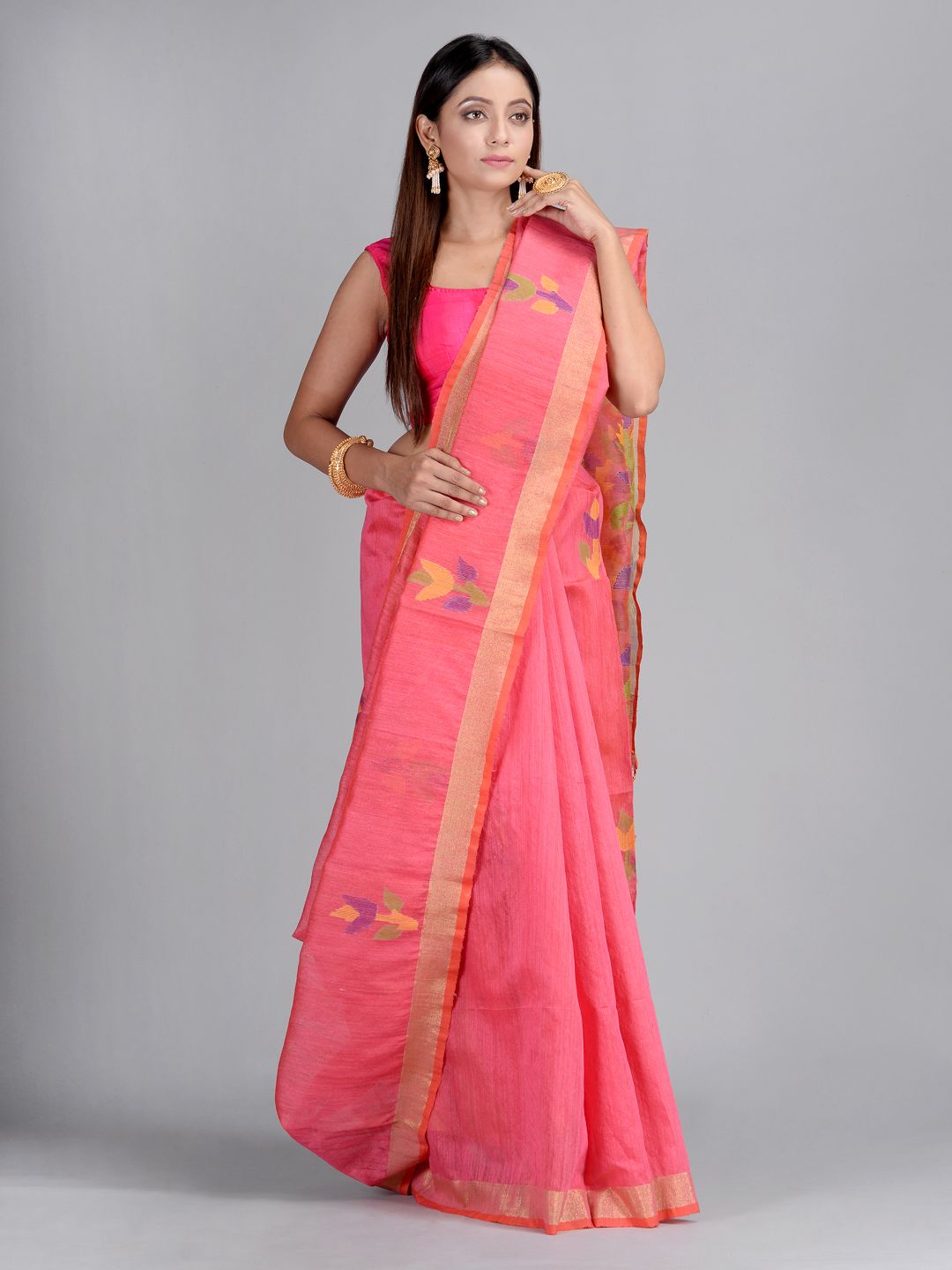 Pink Hand woven Matka Silk Saree with Jamdani work in pallu