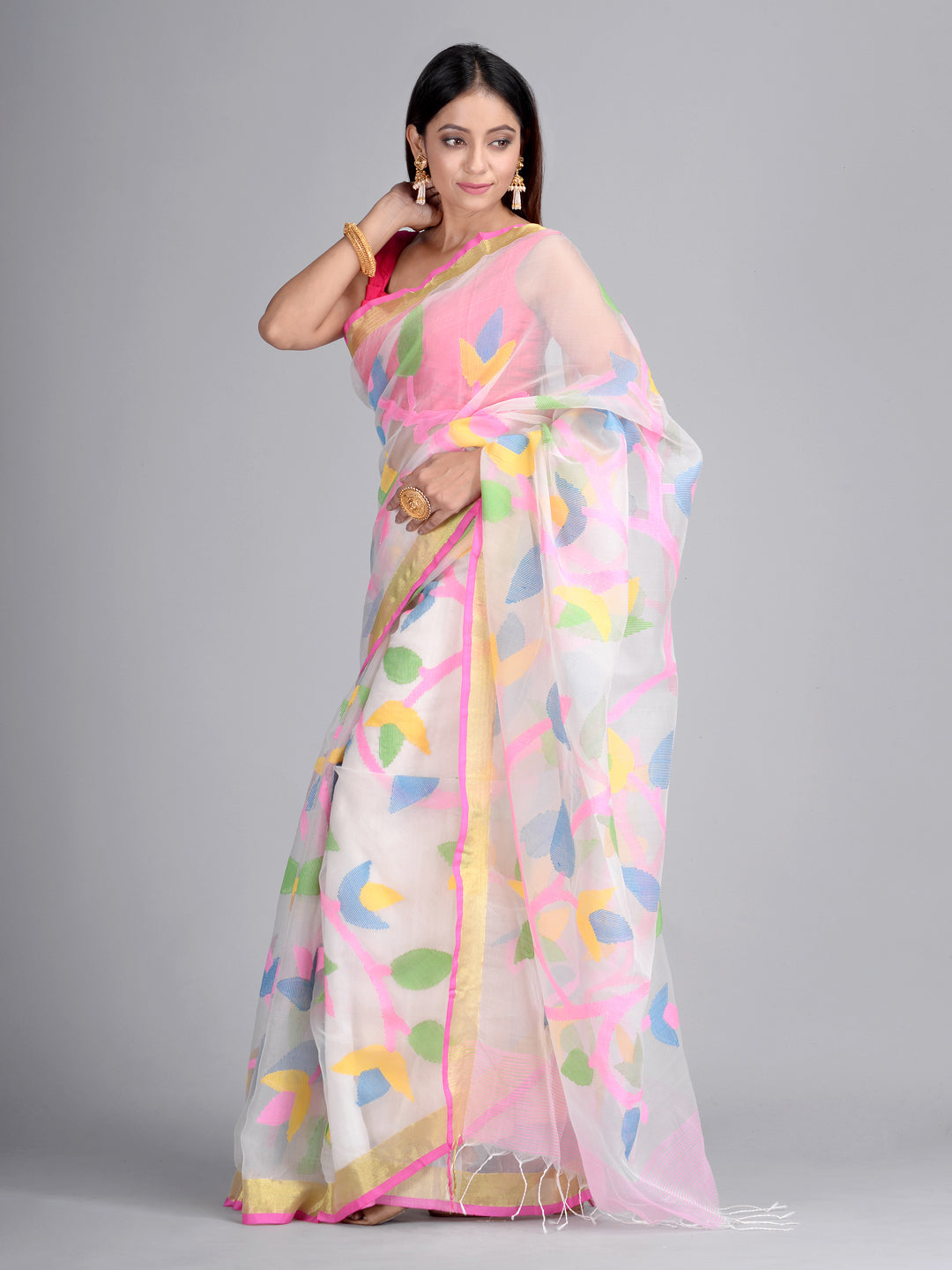 Multicolor Silk Maslin Hand woven Saree with multi thread work