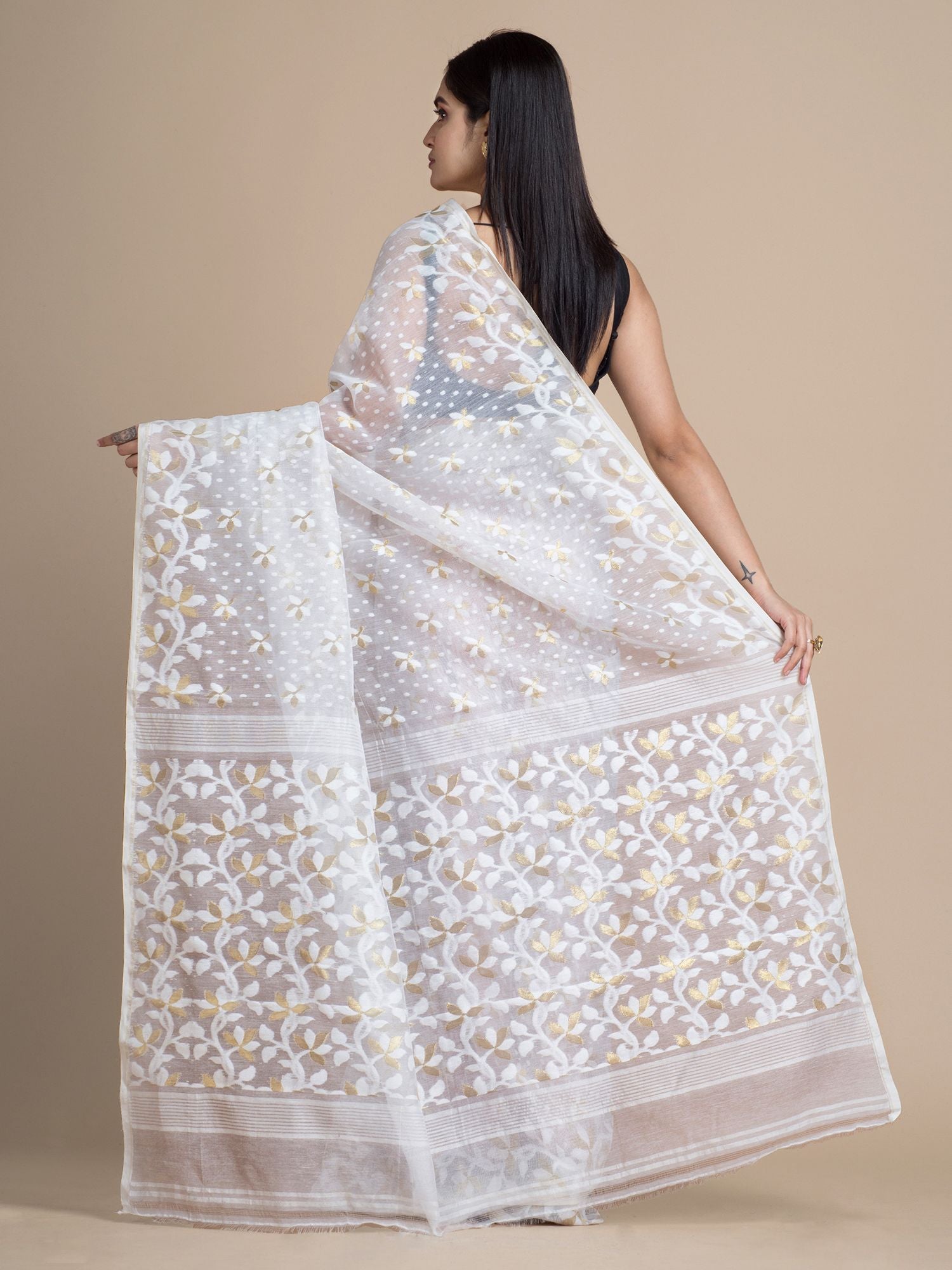 White Jamdani Saree With Floral Woven Designs