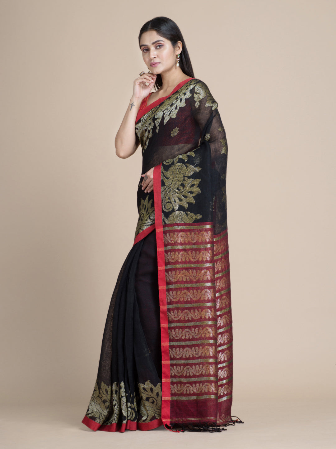 Black Linen Cotton Saree With Zari Designs