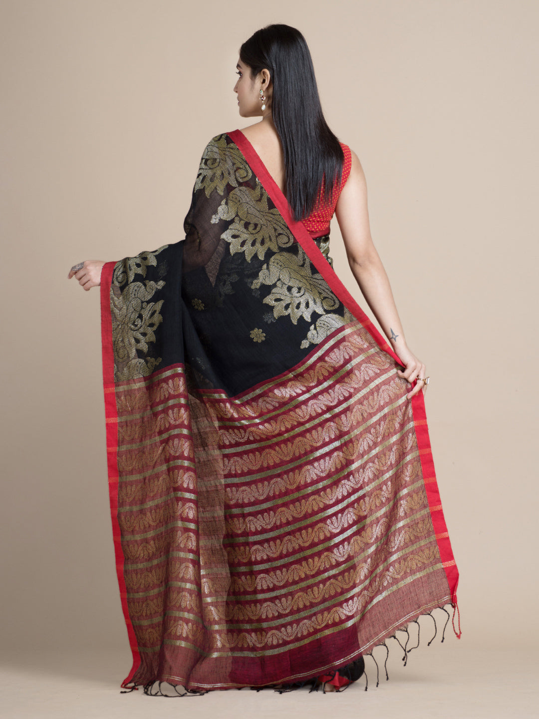 Black Linen Cotton Saree With Zari Designs