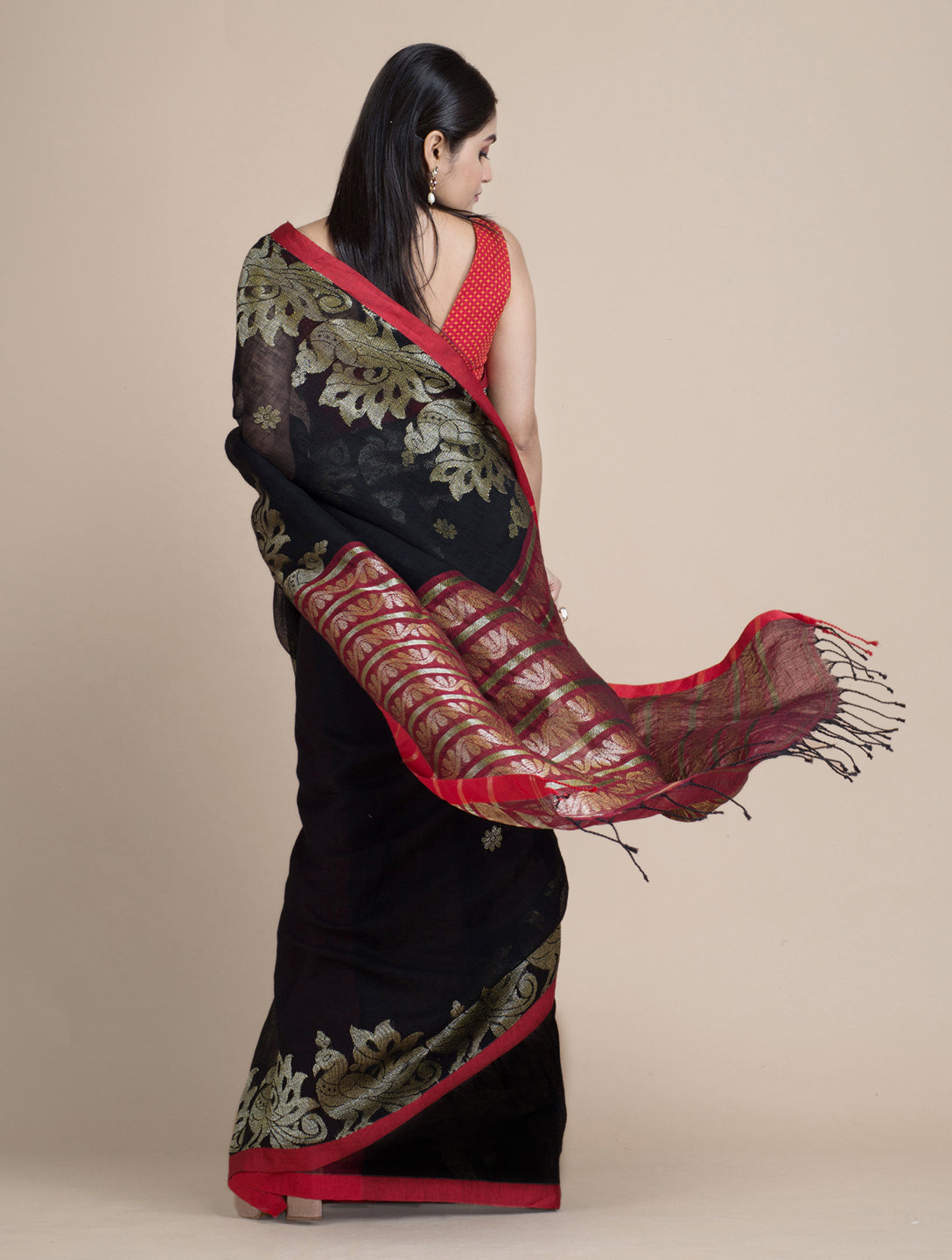 Black Linen Cotton Saree With Zari Designs