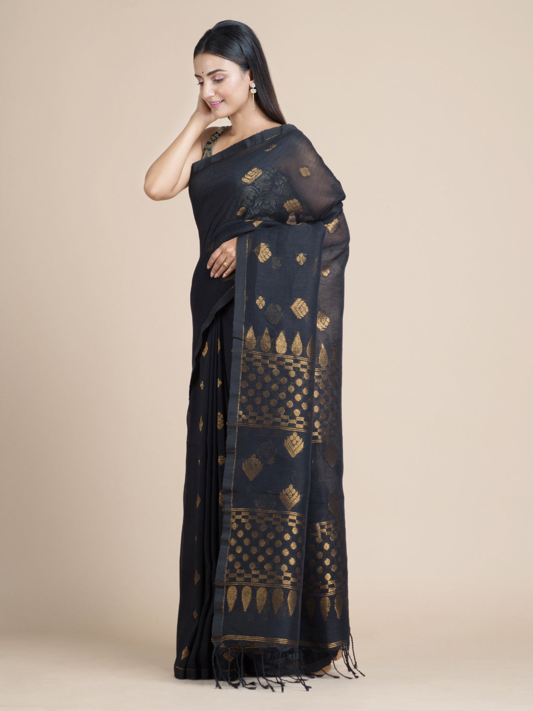 Black Linen Cotton Saree With Zari Motifs