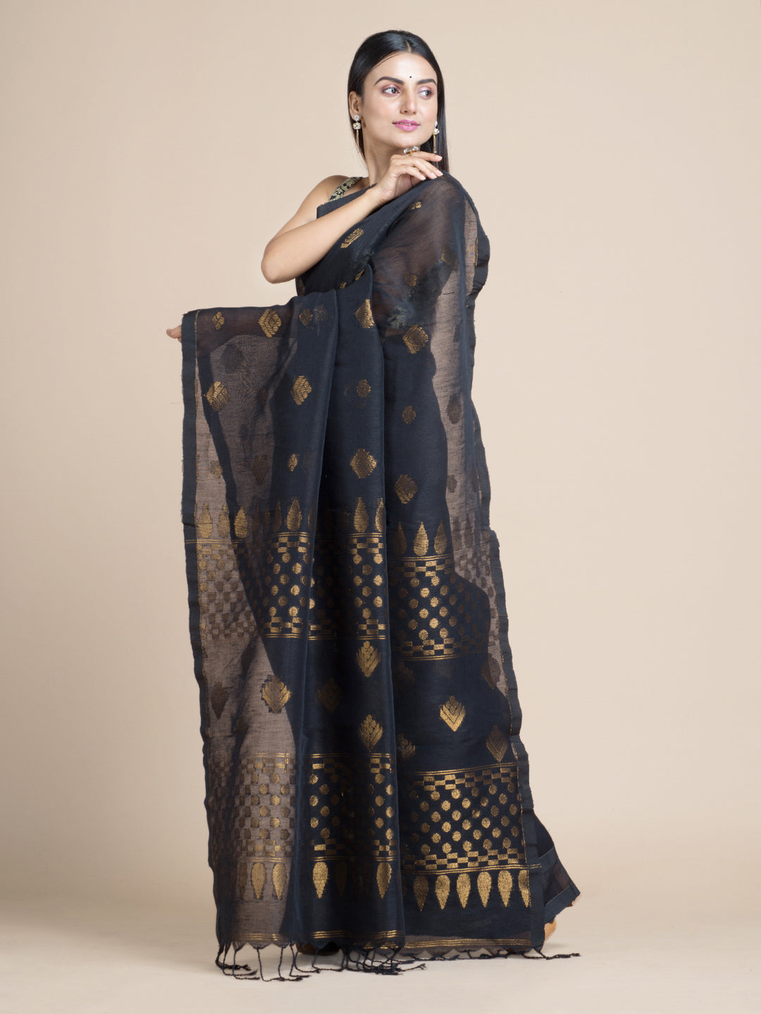 Black Linen Cotton Saree With Zari Motifs