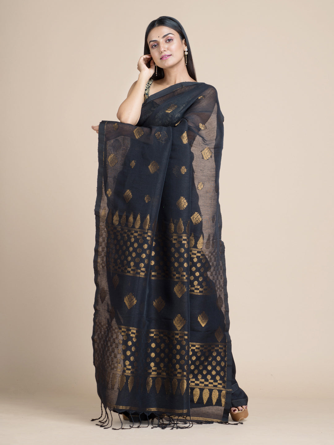 Black Linen Cotton Saree With Zari Motifs