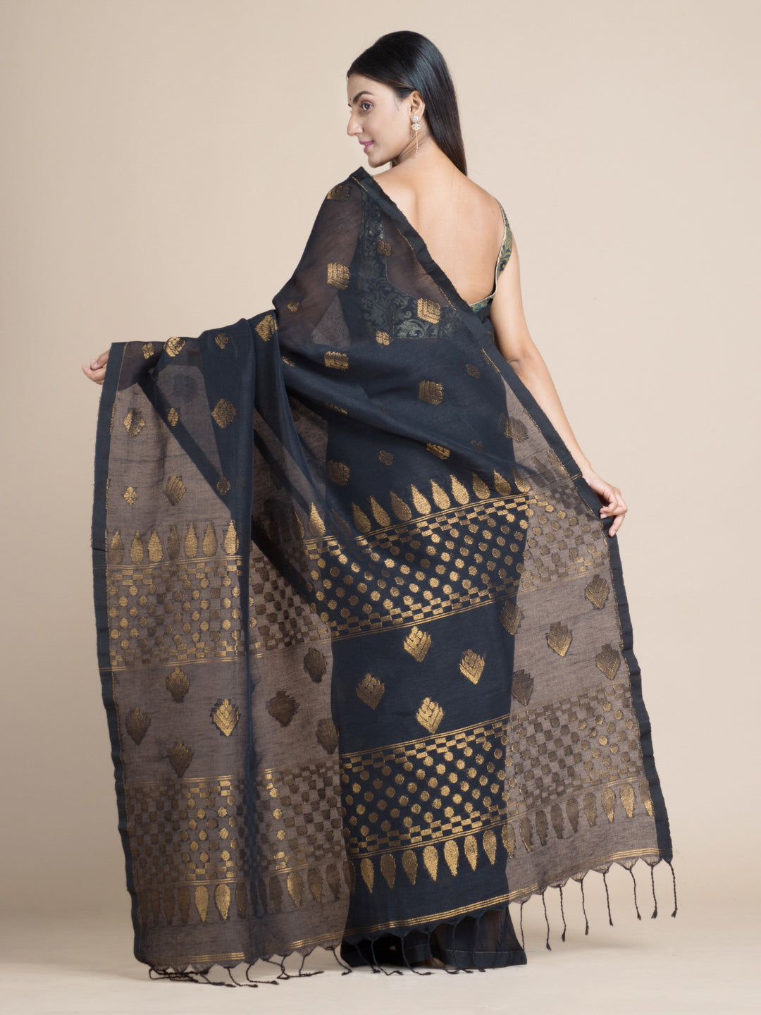 Black Linen Cotton Saree With Zari Motifs